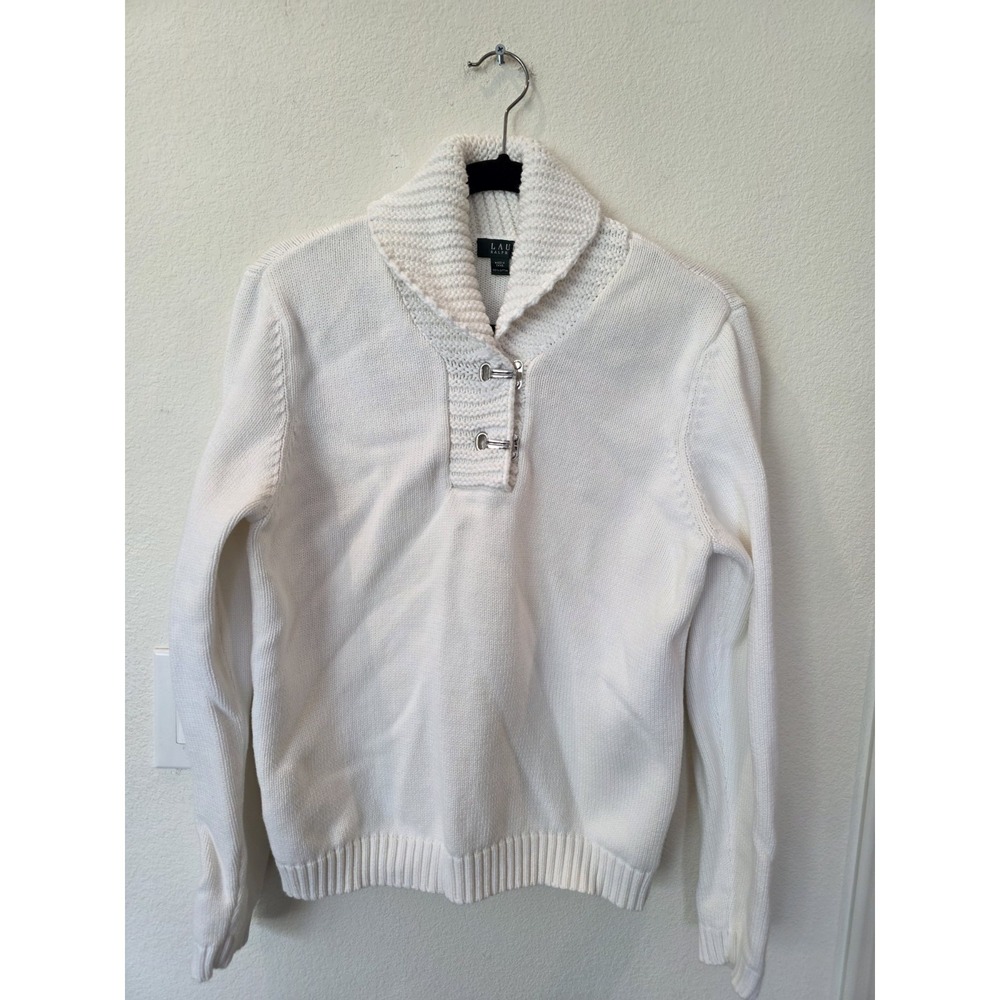 VTG Lauren Ralph Lauren White Pullover Sweater Sz XL Shawl Collar Toggle Closure
